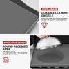 A promotional graphic for a round recessed Royal Gourmet cooking griddle, showing a close-up of the dark gray surface, text callouts about food-grade durability and innovative recessed design, and a hand lifting a silver lid over the griddle.