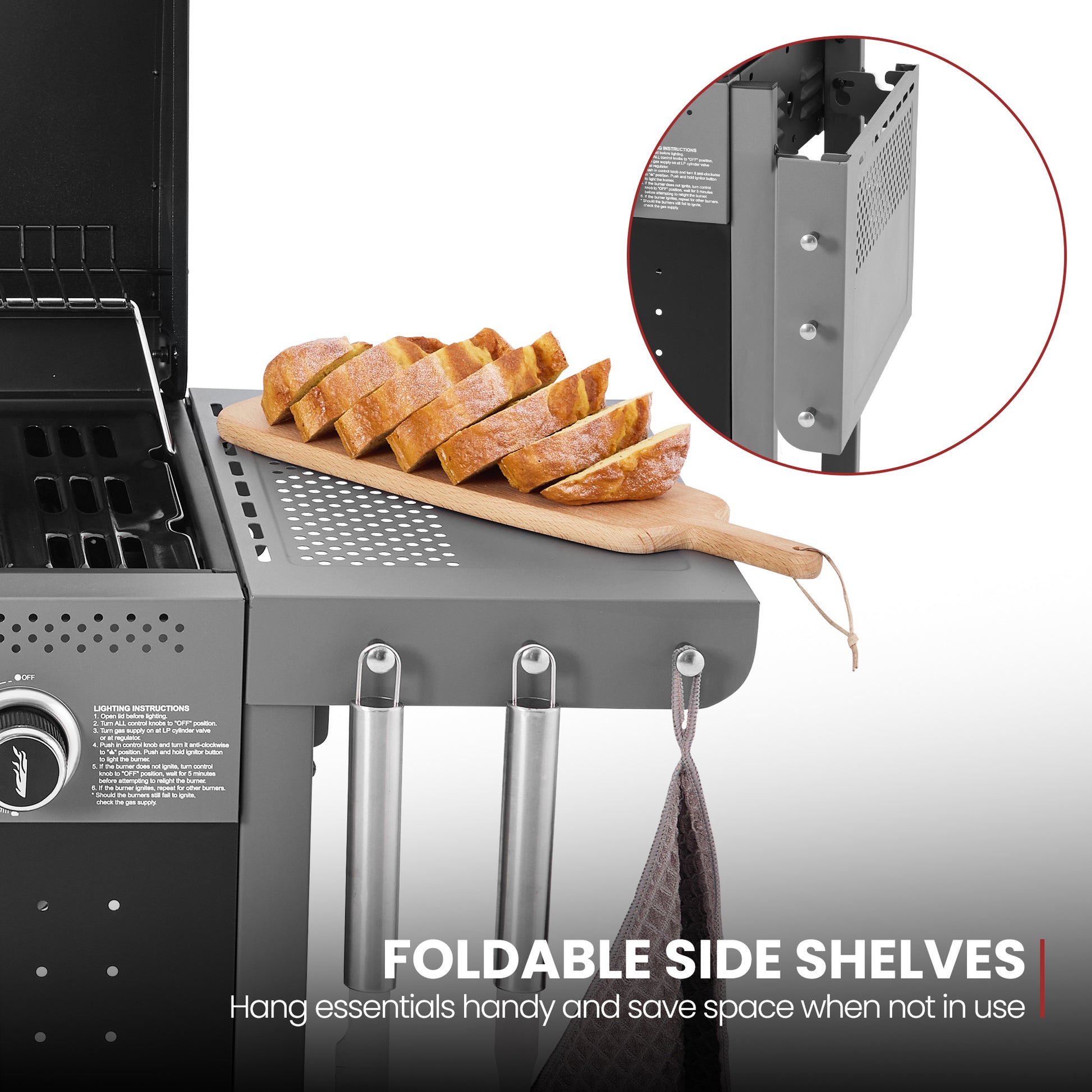 Royal Gourmet Portable stove with foldable side shelves displaying bread and close-up of shelf mechanism.
