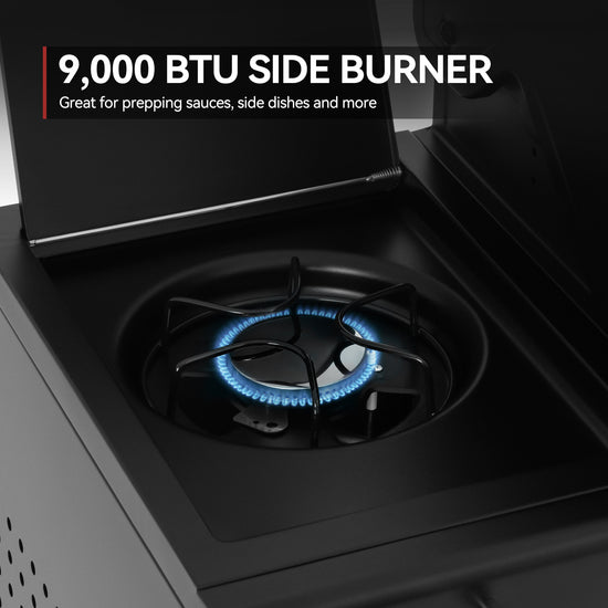 Royal Gourmet Stovetop with 9,000 BTU side burner and blue flame, text indicating its use for preparing sauces and side dishes.