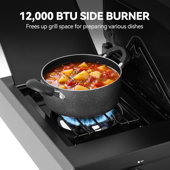 A black speckled pot with a lid sits on a blue flame from a portable stove, with large text at the top reading '12,000 BTU SIDE BURNER' and smaller text about preparing various dishes.