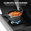 A black speckled pot with a lid sits on a blue flame from a portable stove, with large text at the top reading '12,000 BTU SIDE BURNER' and smaller text about preparing various dishes.