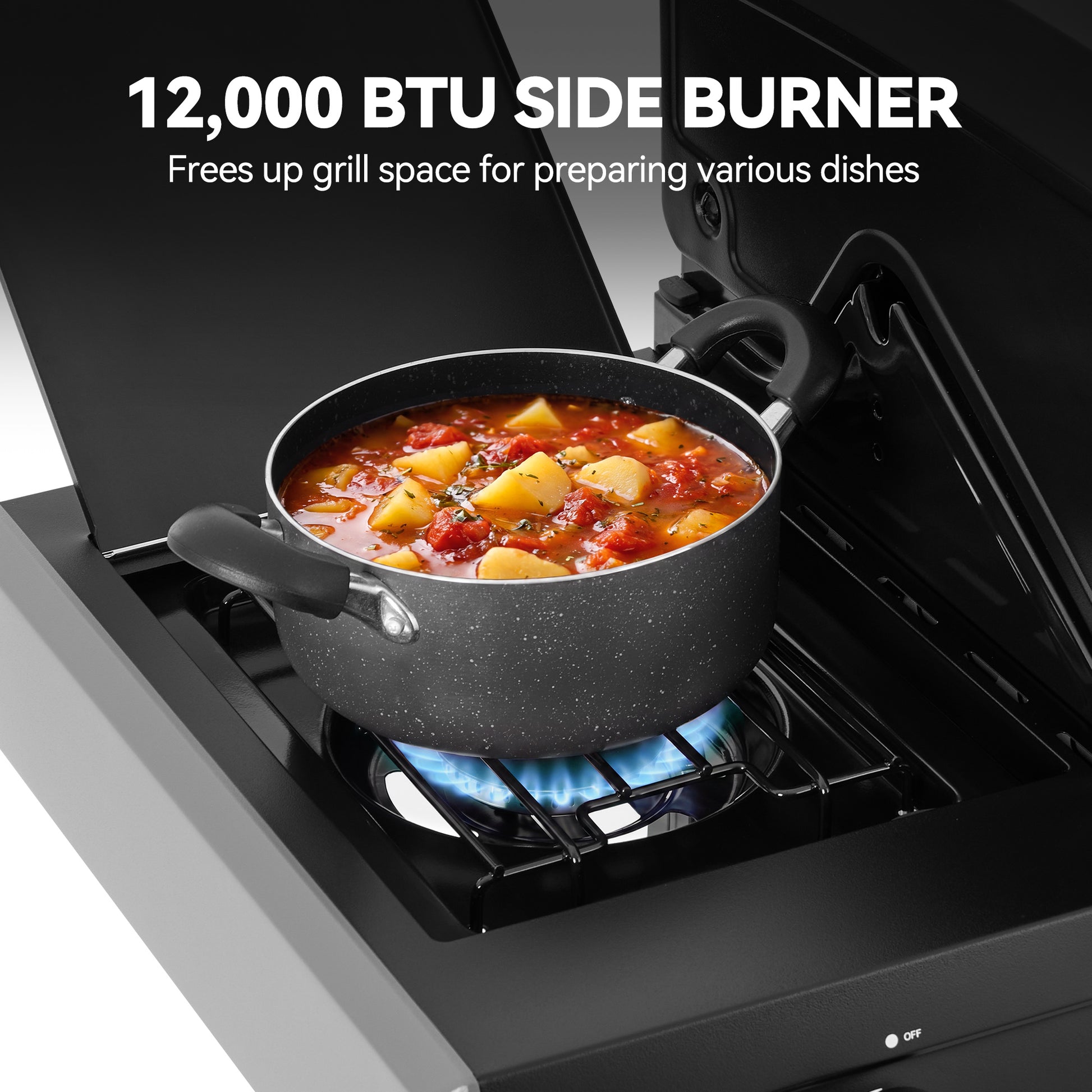 A black speckled pot with a lid sits on a blue flame from a portable stove, with large text at the top reading '12,000 BTU SIDE BURNER' and smaller text about preparing various dishes.