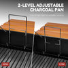 A 2-level adjustable Royal Gourmet charcoal pan with a black exterior, orange interior lining, and stainless steel handles, shown in a split-screen comparison labeled HIGH and LOW. Text at the top reads '2-LEVEL ADJUSTABLE CHARCOAL PAN' and 'Low & high heat for versatile cooking'.