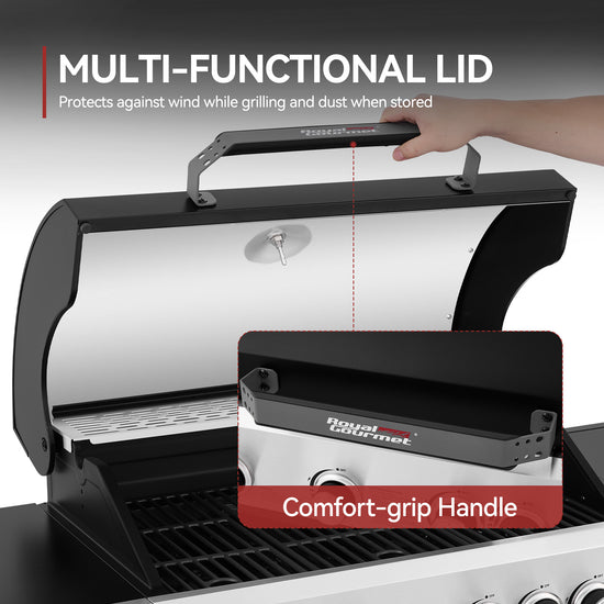 A black and stainless steel Royal Gourmet gas grill with the lid open, showing a hand lifting the handle to demonstrate the multi-functional lid feature. An inset highlights the comfort-grip handle with the brand name 'Rust-Oh Gourmet' visible on it.