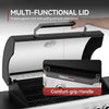 A black and stainless steel Royal Gourmet gas grill with the lid open, showing a hand lifting the handle to demonstrate the multi-functional lid feature. An inset highlights the comfort-grip handle with the brand name 'Rust-Oh Gourmet' visible on it.