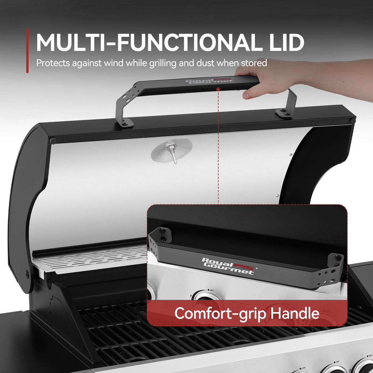 A black and stainless steel Royal Gourmet gas grill with the lid open, showing a hand lifting the handle to demonstrate the multi-functional lid feature. An inset highlights the comfort-grip handle with the brand name 'Rust-Oh Gourmet' visible on it.