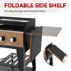 Black and copper Royal Gourmet  gas grill with a foldable side shelf extended, shown on a white background with text reading 'FOLDABLE SIDE SHELF for easy storage and transportation' and a circular inset demonstrating the shelf attachment.