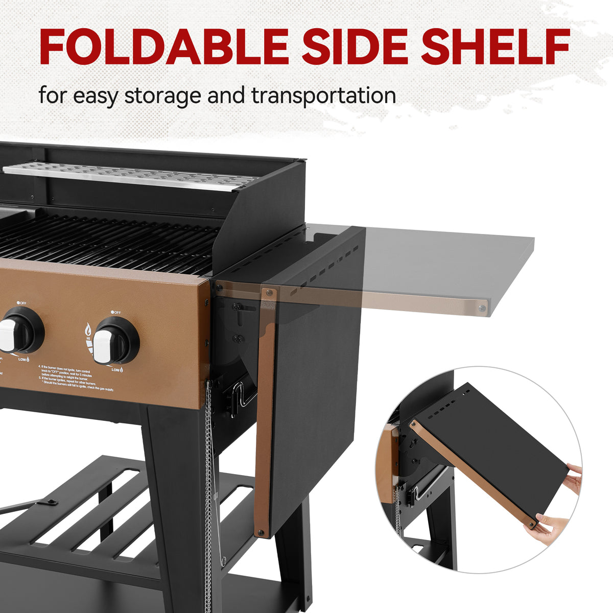 Black and copper Royal Gourmet  gas grill with a foldable side shelf extended, shown on a white background with text reading 'FOLDABLE SIDE SHELF for easy storage and transportation' and a circular inset demonstrating the shelf attachment.