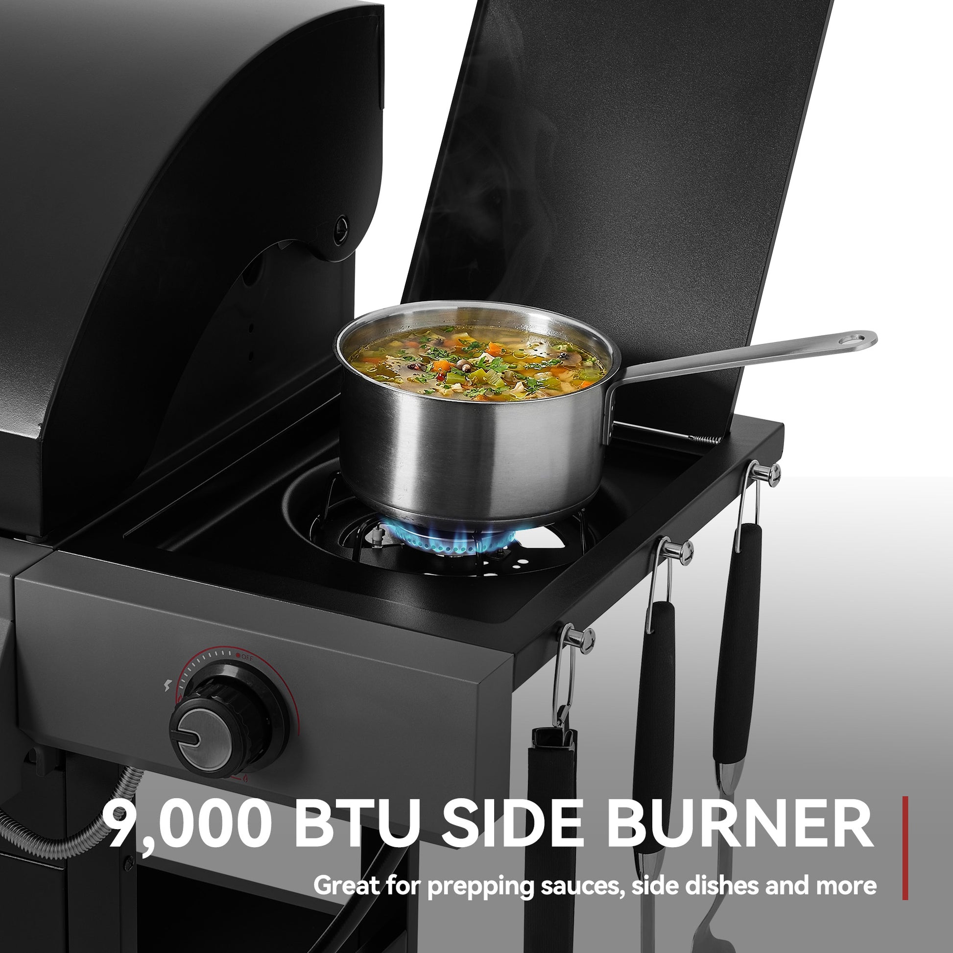 Portable stove with a pot of food on a 9,000 BTU side burner