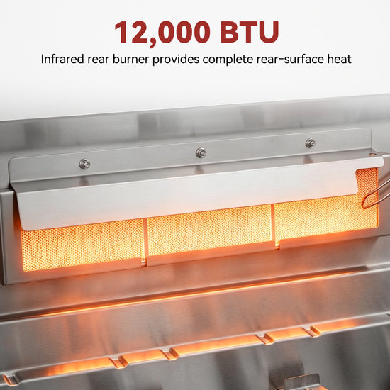 Close-up of a stainless steel Royal Gourmet gas burner with an illuminated orange rear infrared burner, with text reading '12,000 BTU' and 'Infrared rear burner provides complete rear-surface heat'.