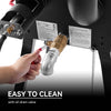 Royal Gourmet Hand using a tool to open an oil drain valve on a piece of machinery with text 'EASY TO CLEAN with oil drain valve'.