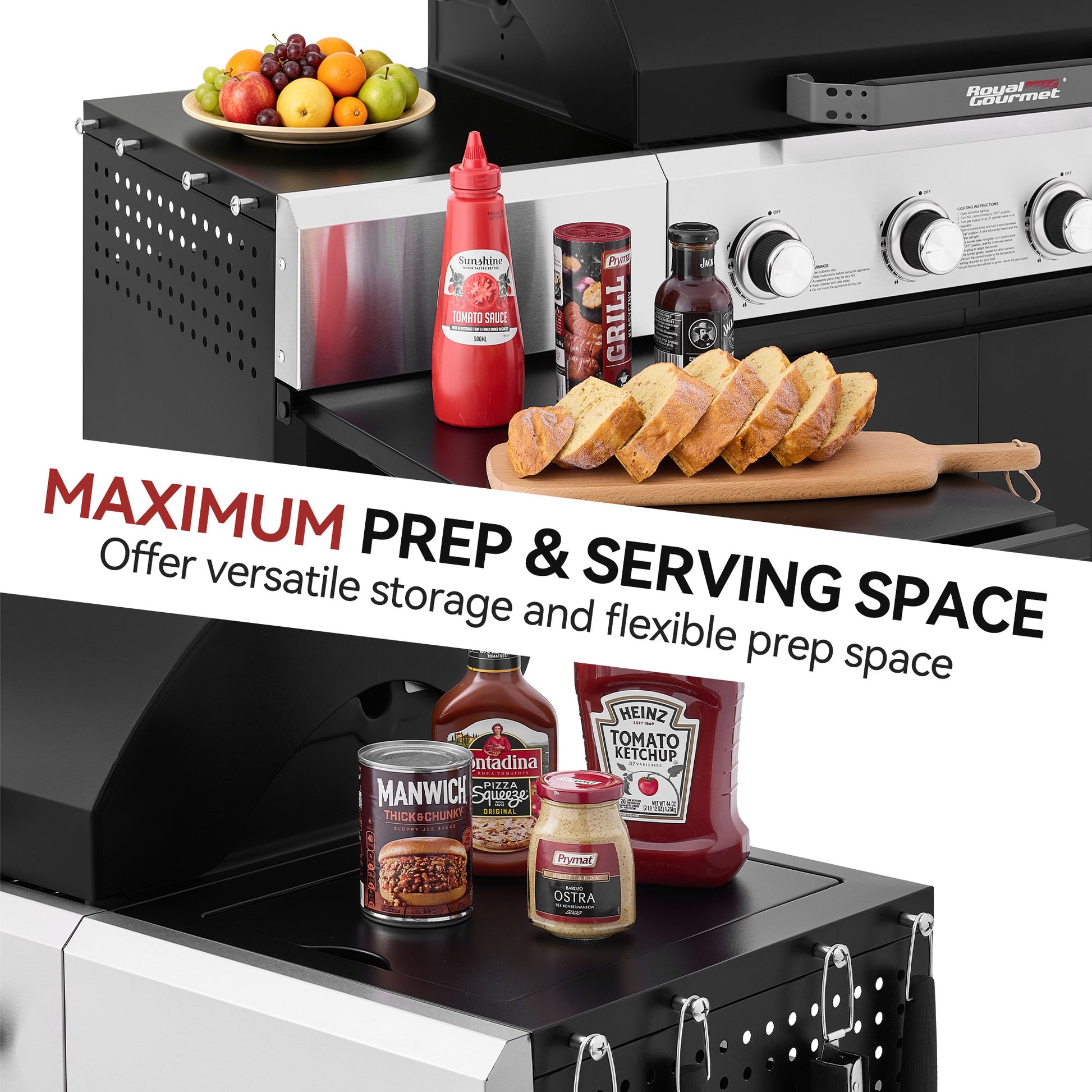 A black and stainless steel Royal Gourmet  outdoor gas grill with a built-in prep shelf, shown with food items and condiments on the shelf. A large text banner across the middle reads 'MAXIMUM PREP & SERVING SPACE Offer versatile storage and flexible prep space.