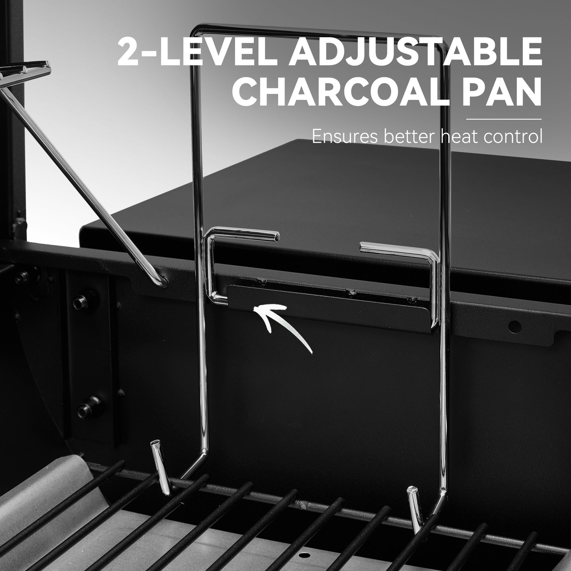 2-level adjustable charcoal pan on a grill with text indicating better heat control.