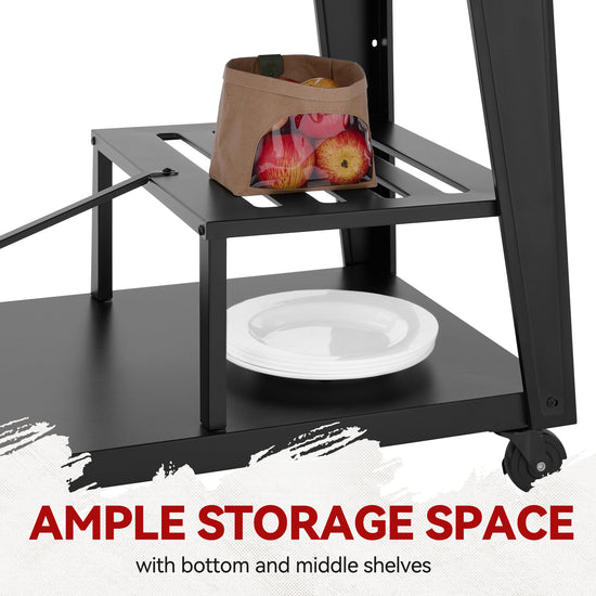 Black pet stand with shelves, a bag of apples, and a white bowl on a white background with text 'AMPLE STORAGE SPACE'.