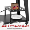 Black pet stand with shelves, a bag of apples, and a white bowl on a white background with text 'AMPLE STORAGE SPACE'.