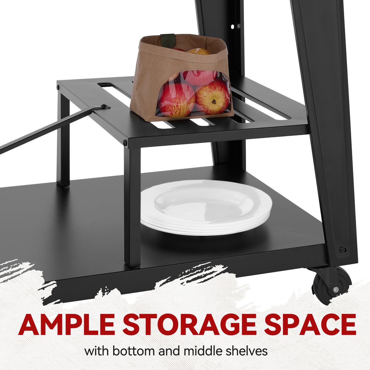Black pet stand with shelves, a bag of apples, and a white bowl on a white background with text 'AMPLE STORAGE SPACE'.
