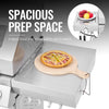 Royal Gourmet Stainless steel grill with open lid showing a pizza on a wooden board, surrounded by text about a spacious prep space.