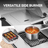 Versatile side burner feature on a stainless steel Royal Gourmet  outdoor grill, with text reading 'VERSATILE SIDE BURNER' and a pot of stew cooking on the burner. A circular inset shows grilled skewers on the side grill.
