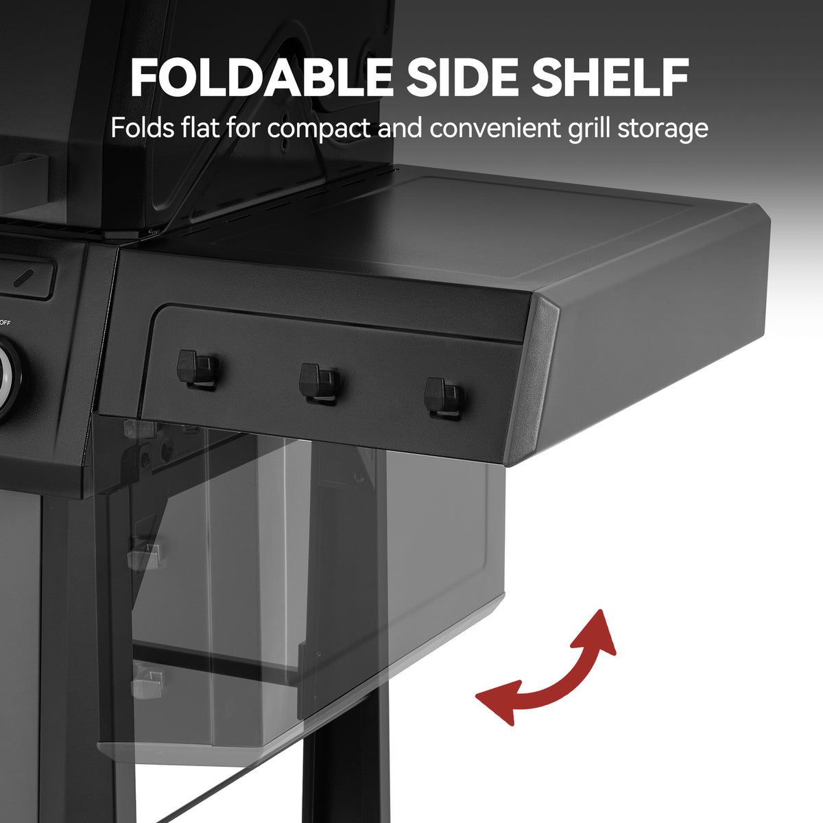 Close-up of a black Royal Gourmet grill with a foldable side shelf shown in the extended position, with text reading 'FOLDABLE SIDE SHELF' and a red arrow indicating it can fold flat for storage.