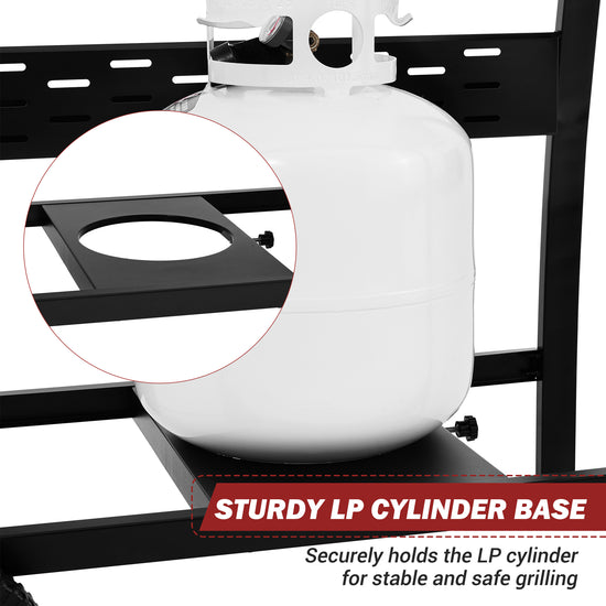 Sturdy LP cylinder base holding a propane tank with text indicating its function.