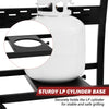 Sturdy LP cylinder base holding a propane tank with text indicating its function.