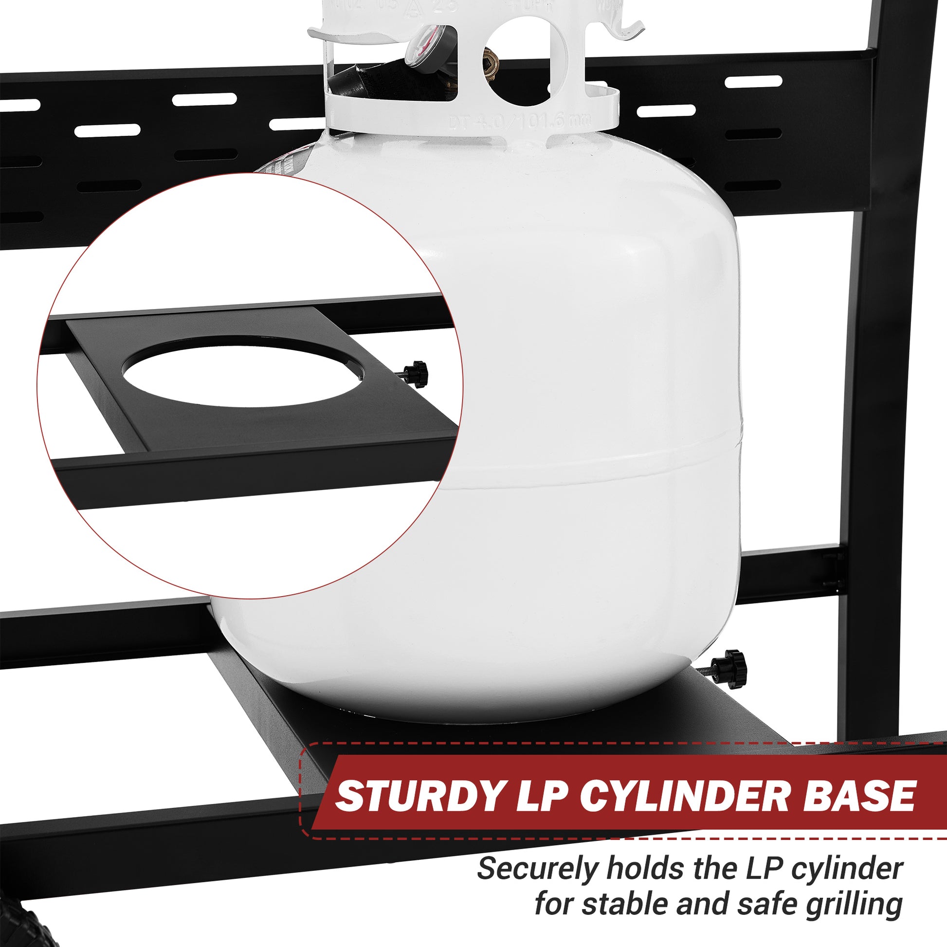 Sturdy LP cylinder base holding a propane tank with text indicating its function.