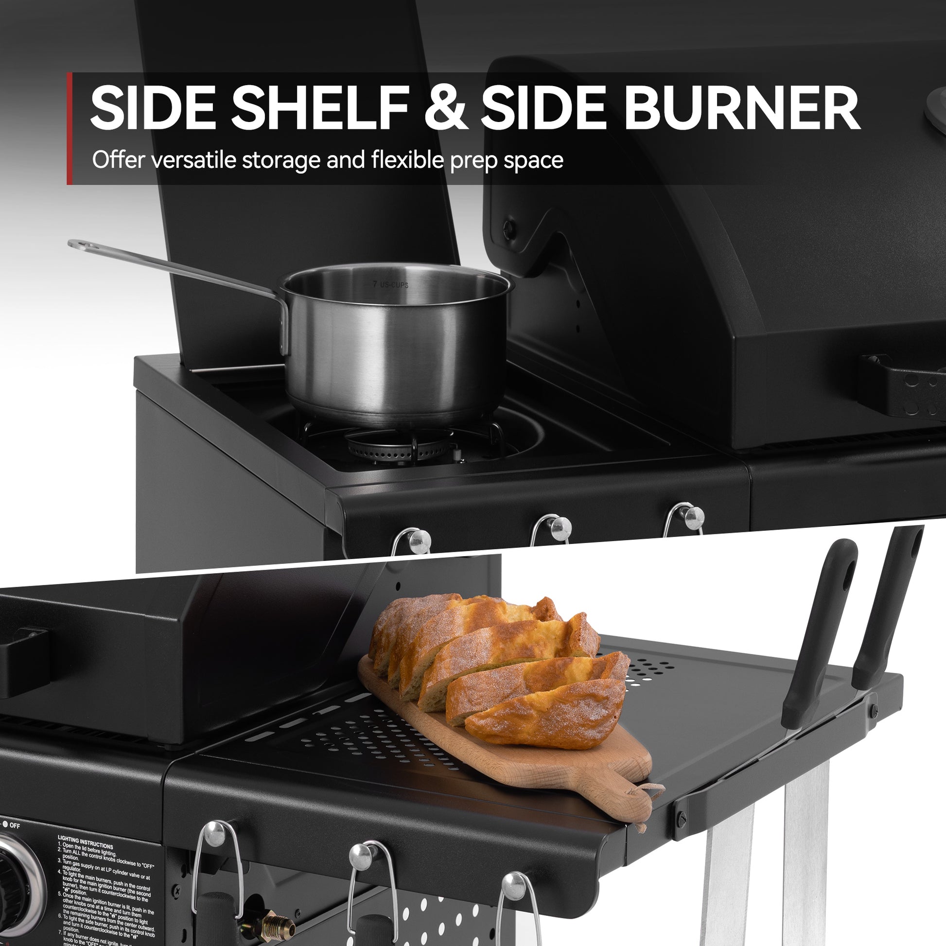 Royal Gourmet Portable stove with side shelf and side burner featuring a pot and food.