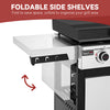 A close-up of a Royal Gourmet gas grill with a foldable side shelf extended outward. White text at the top reads 'FOLDABLE SIDE SHELVES' with a red banner, and a red arrow indicates the folding motion.