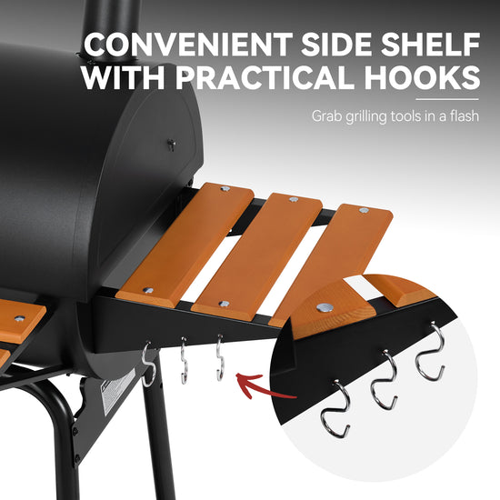 Black side shelf with orange-brown wooden slats and silver hanging hooks, shown with text reading 'CONVENIENT SIDE SHELF WITH PRACTICAL HOOKS' and a circular inset highlighting the hooks.
