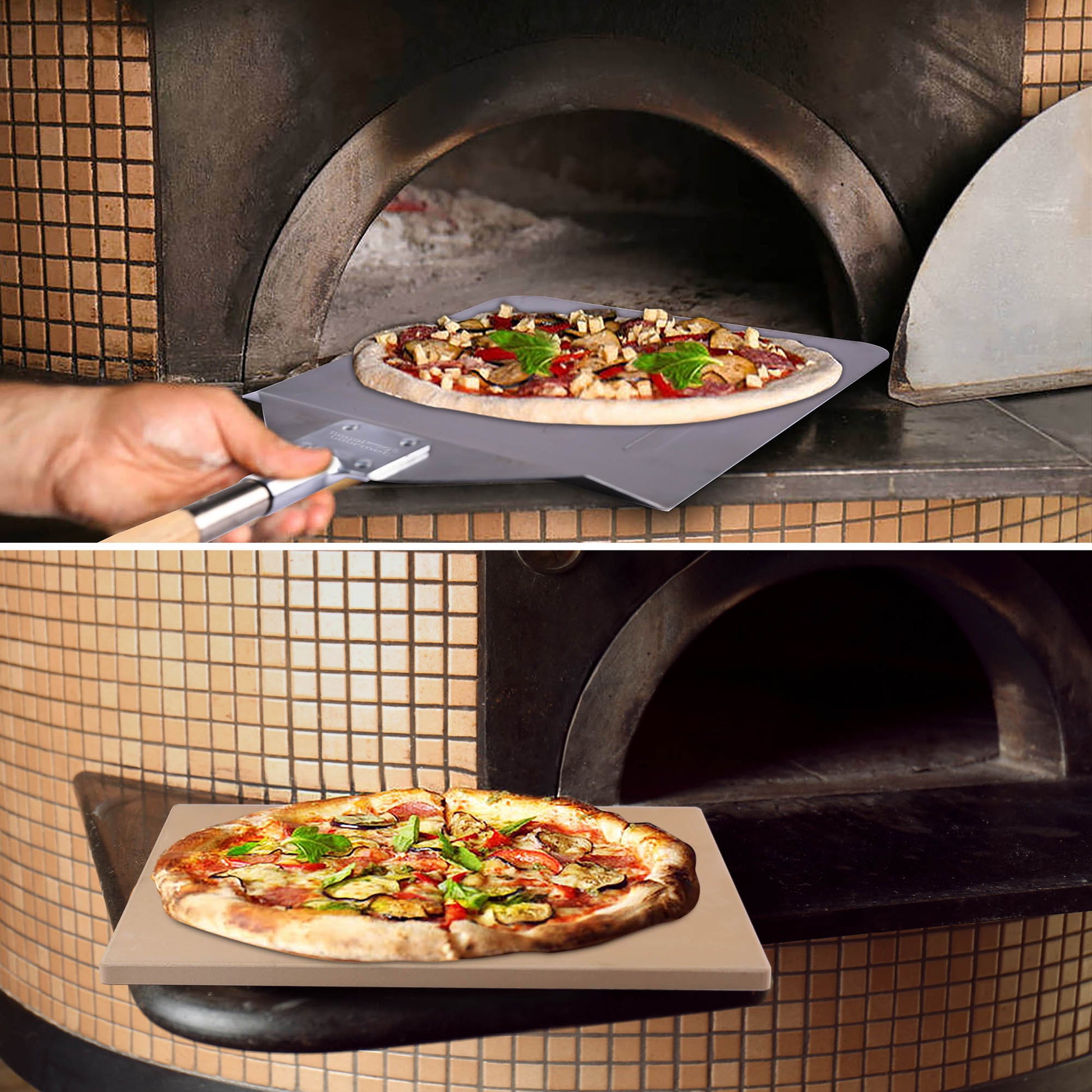 Person placing a pizza into an oven and then taking it out, showing a delicious pizza with various toppings.