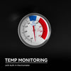 Royal Gourmet Thermometer gauge with temperature markings on a black background, labeled 'Temp Monitoring with built-in thermometer'.