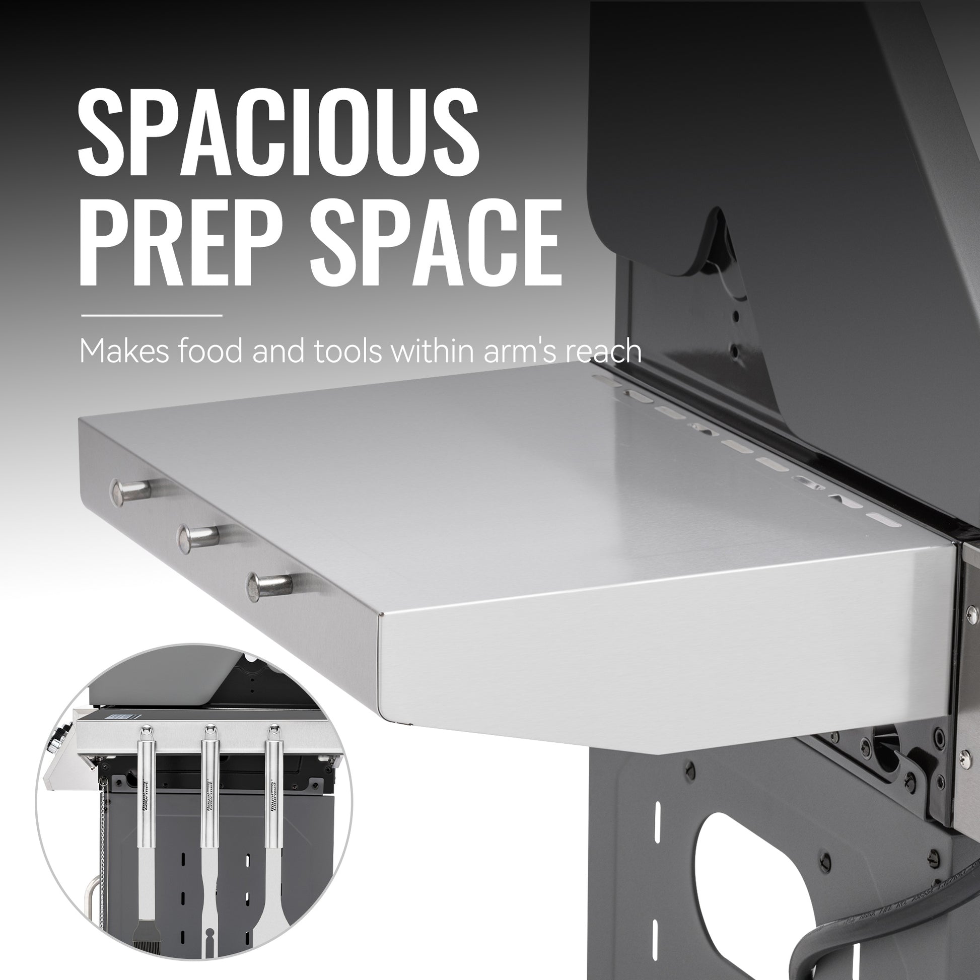 Royal Gourmet Metal workbench with spacious prep space and text highlighting its features.
