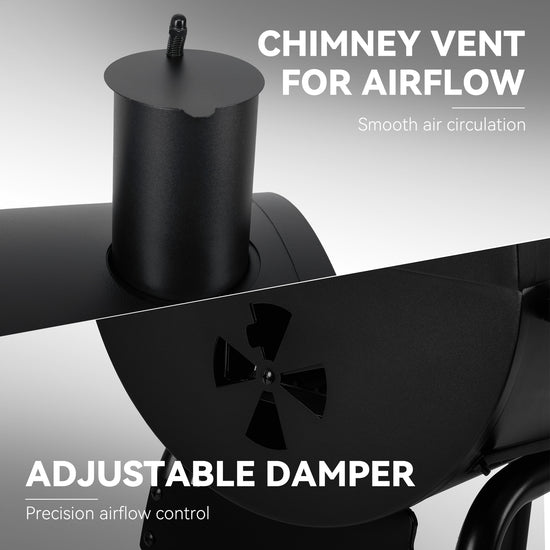 Close-up of a black chimney vent and adjustable damper on a grill, with text reading 'CHIMNEY VENT FOR AIRFLOW' and 'ADJUSTABLE DAMPER' on a light gray background.