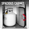 Royal Gourmet LP cylinder inside a spacious cabinet with a barbecue grill in the background.