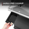 Removable grease tray being pulled out of a kitchen appliance with text 'Hassle-Free Cleanup' above.