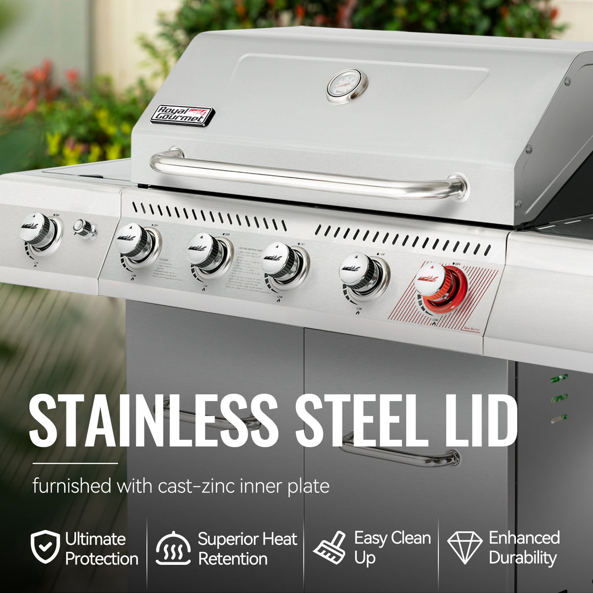 Stainless steel Royal Gourmet  grill with a focus on the lid and control knobs, set against a blurred outdoor background.