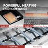 Close-up promotional graphic of a stainless steel appliance interior showing infrared side and rear burners, main burners, and an orange heating element, with text reading 'POWERFUL HEATING PERFORMANCE' and '12,000 BTU Infrared Side/Burner' and '6 x 12,000 BTU Main Burners'.