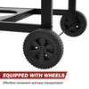 Close-up of a black metal cart with wheels on a white background