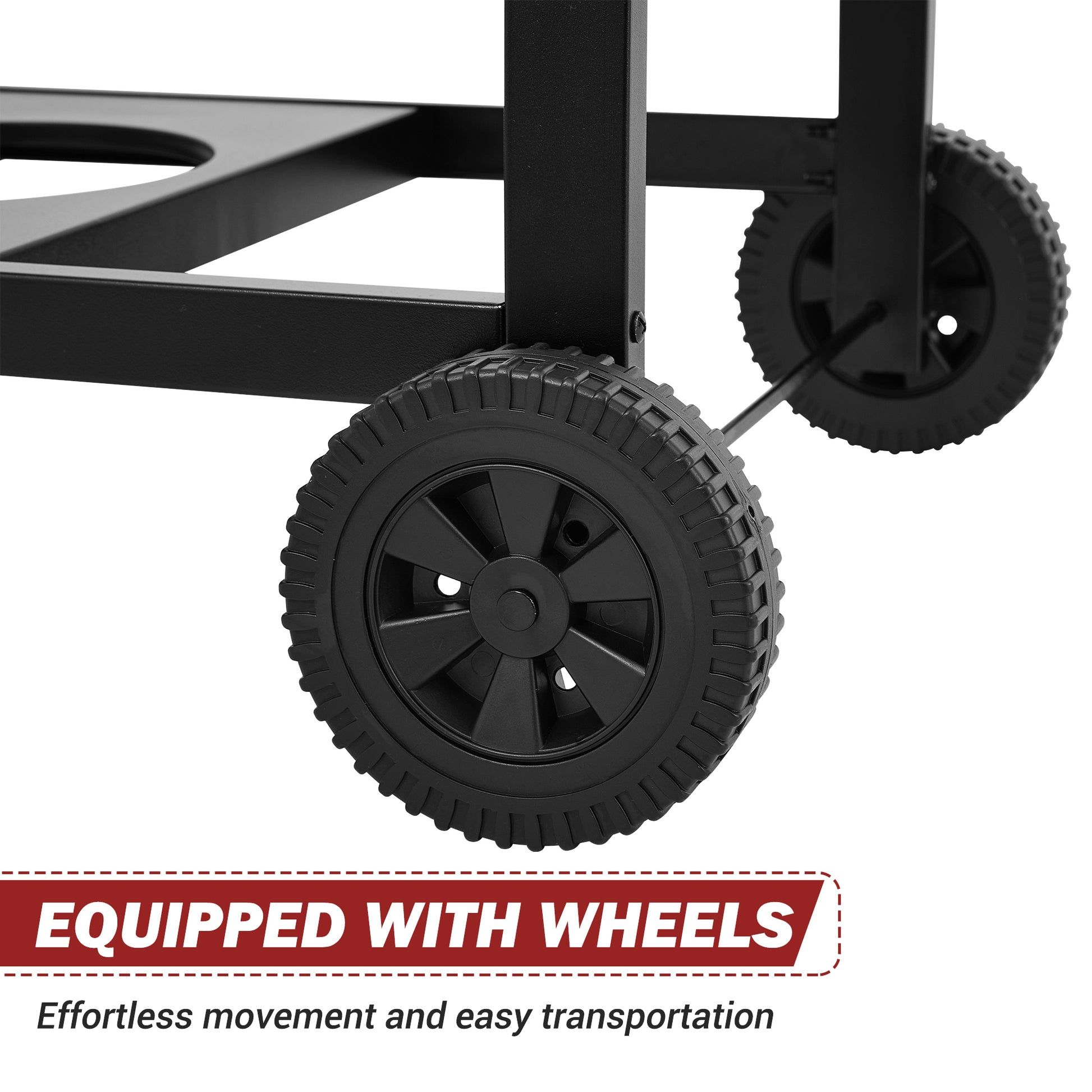 Close-up of a black metal cart with wheels on a white background