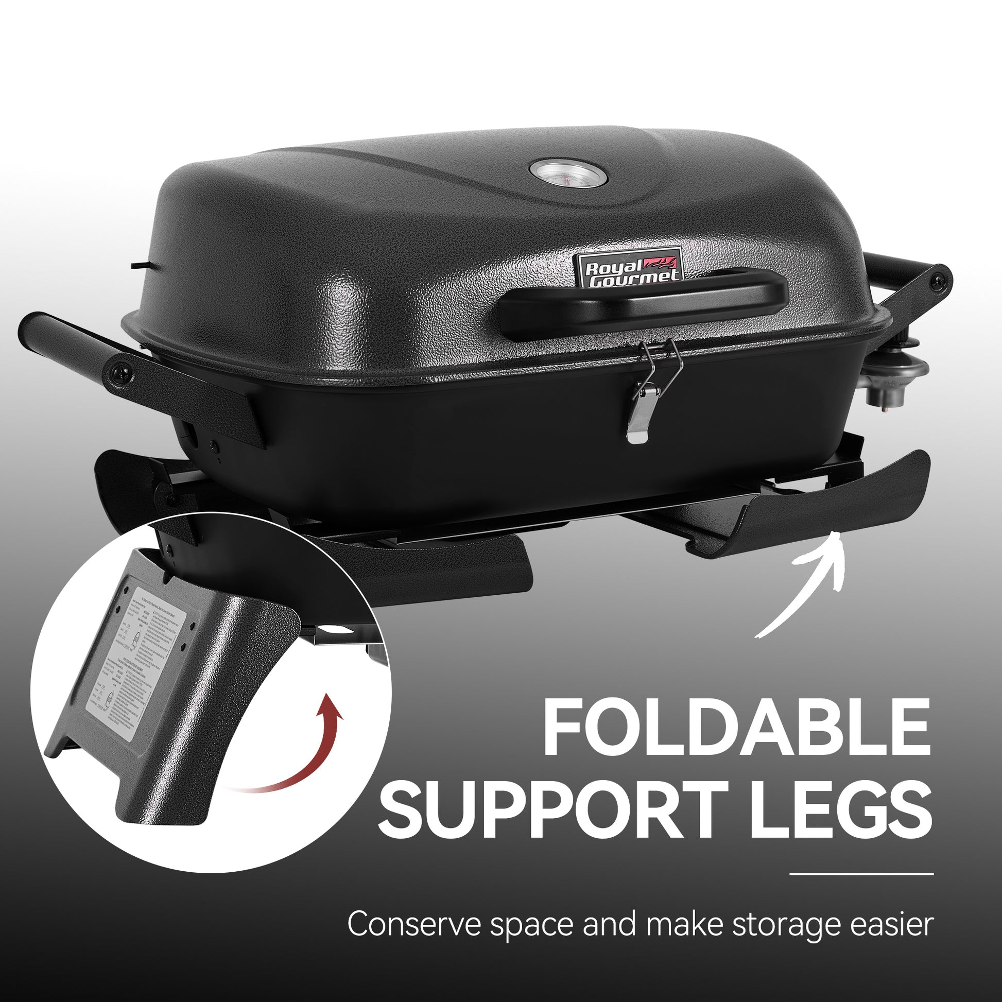 Royal Gourmet Portable grill with foldable support legs on a gray background