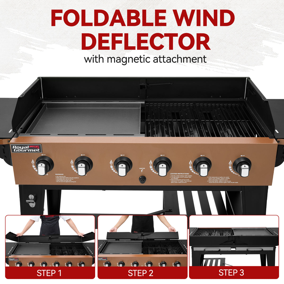 Royal Gourmet foldable wind deflector grill cover with magnetic attachment, shown installed over a gas grill with three inset panels demonstrating step-by-step deployment.