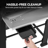 A hand pulls out a black removable grease tray from a metal Royal Gourmet grill stand, with text at the top reading 'HASSLE-FREE CLEANUP' and 'Removable grease tray & cup make cleanup a breeze.'.