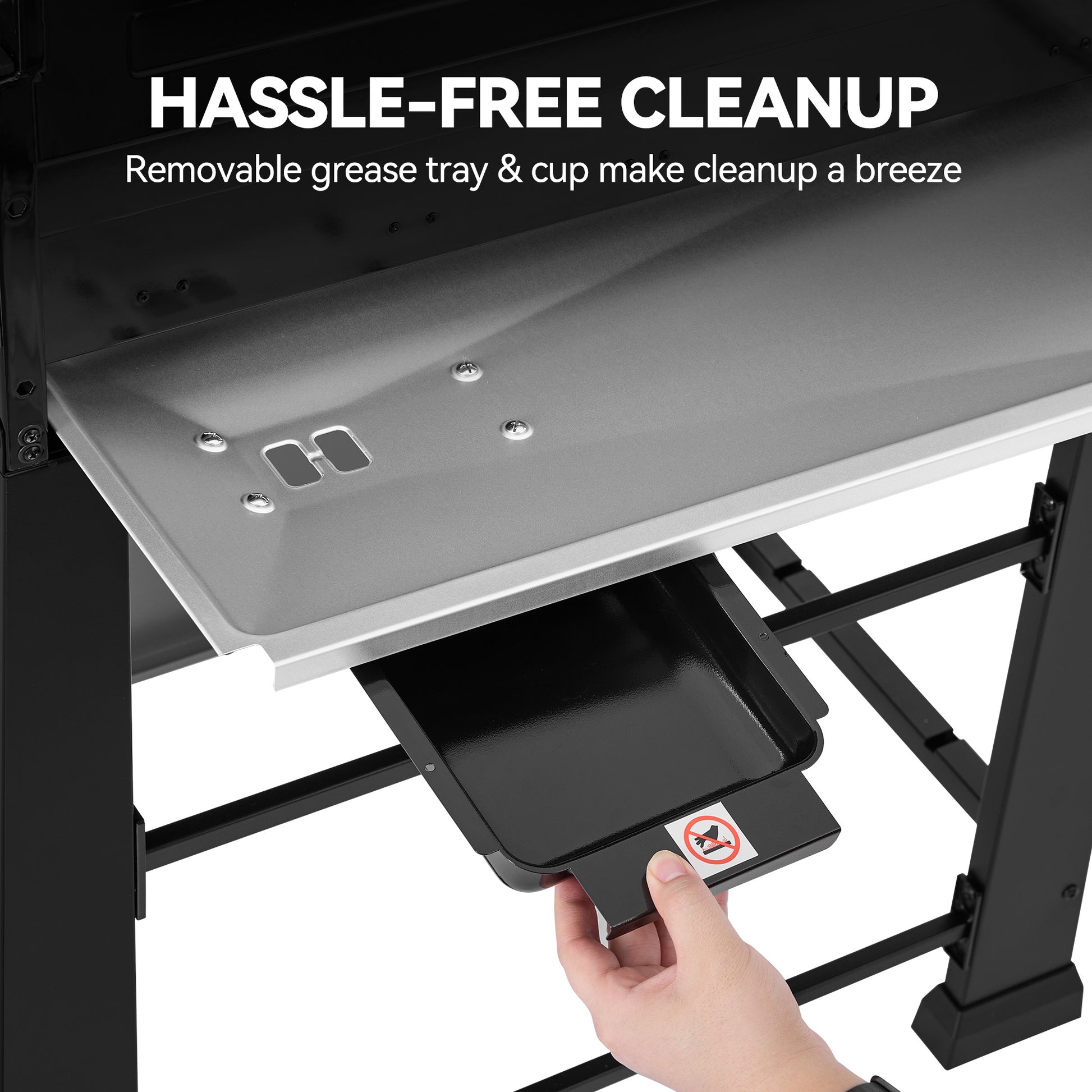 A hand pulls out a black removable grease tray from a metal Royal Gourmet grill stand, with text at the top reading 'HASSLE-FREE CLEANUP' and 'Removable grease tray & cup make cleanup a breeze.'.