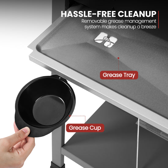 Royal Gourmet Grease management system with grease tray and cup on a kitchen counter.