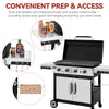 A stainless steel and black Royal Gourmet gas grill with side shelves and integrated hooks, shown on a white background with marketing text and three circular inset detail images highlighting the shelf, hook area, and towel rack.