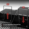 2-level adjustable charcoal tray with high and low heat indicators on a grill.