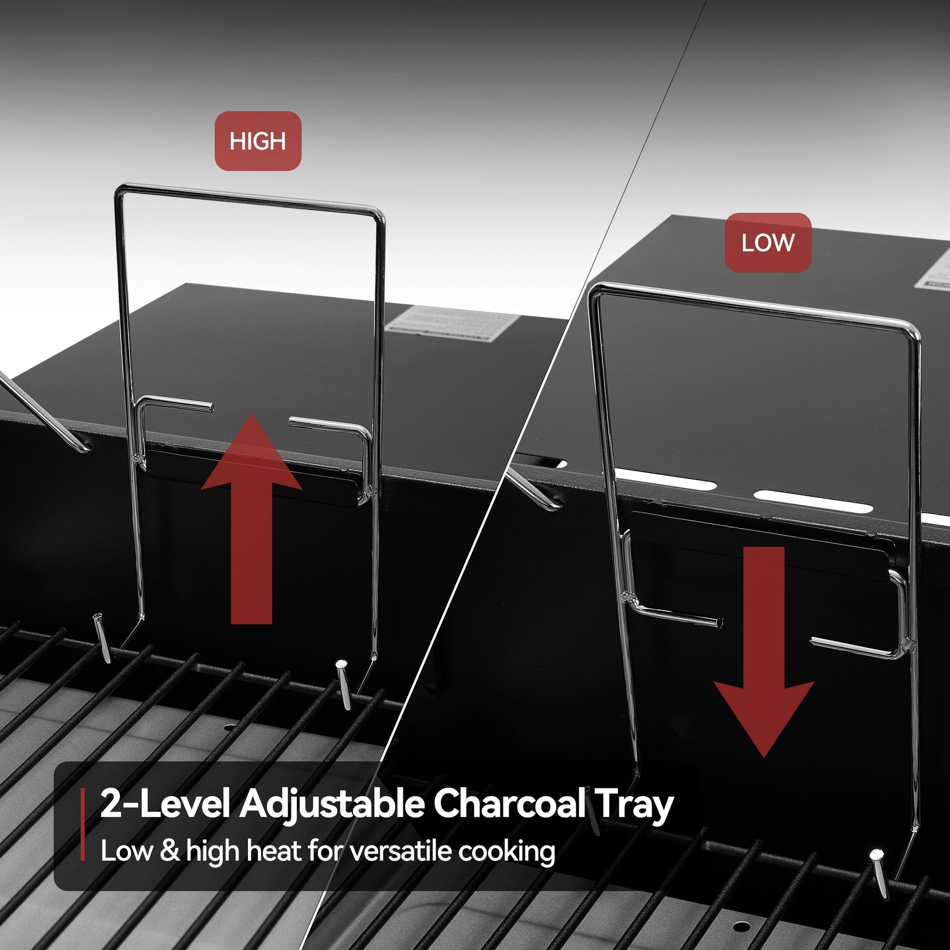 2-level adjustable charcoal tray with high and low heat indicators on a grill.