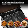Royal Gourmet Fryer baskets with food items and text 'Hang-To-Drain Design' on a dark background