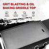 Royal Gourmet Griddle top with text highlighting features like grit blasting, oil baking, scratch resistance, corrosion resistance, high-temp resistance, and fast heating.