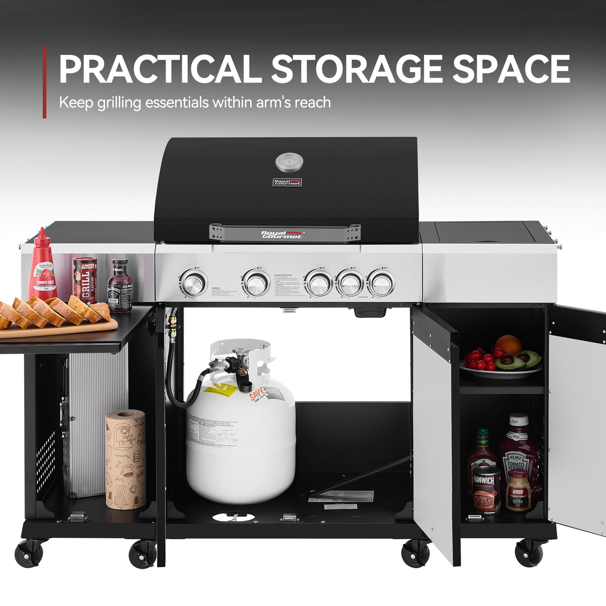 A black and stainless steel Royal Gourmet  gas grill with a matching storage cart on wheels, shown with food and condiments on the side tables and shelves. The image includes a text overlay at the top reading 'PRACTICAL STORAGE SPACE'.